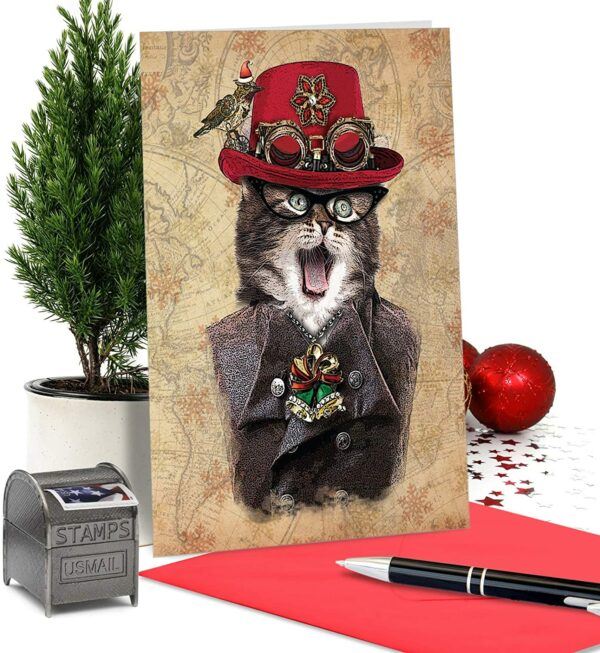 Steampunk Cats Christmas Card Set